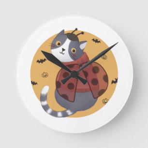 Halloween Illustration: Ladybug Cat Round Clock