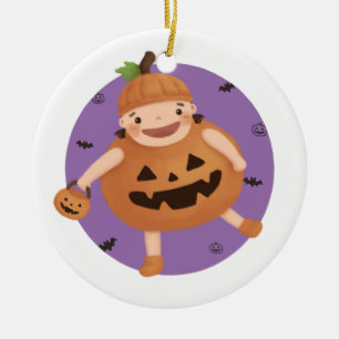 Halloween Illustration: Pumpkin Girl Ceramic Ornament
