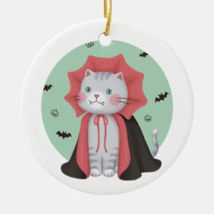 Halloween Illustration: Vampire Cat Ceramic Ornament