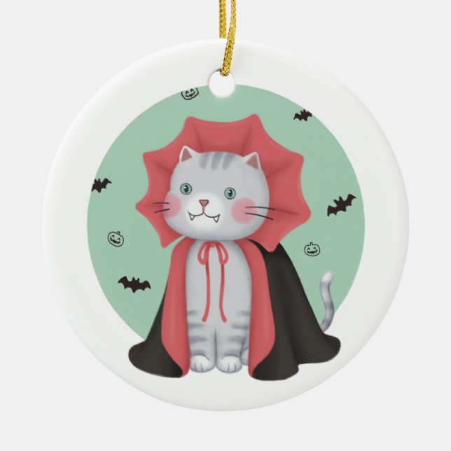 Halloween Illustration: Vampire Cat Ceramic Ornament (Front)