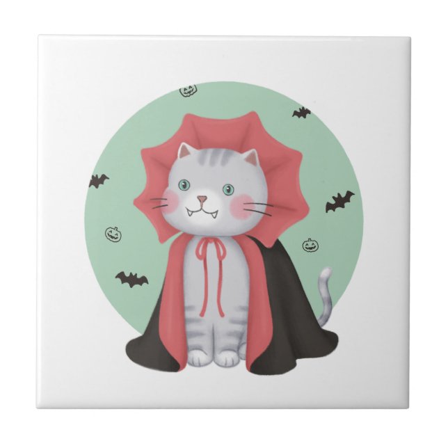 Halloween Illustration: Vampire Cat Ceramic Tile (Front)