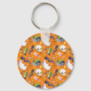 Halloween illustration with pumpkin,ghost and bat key ring