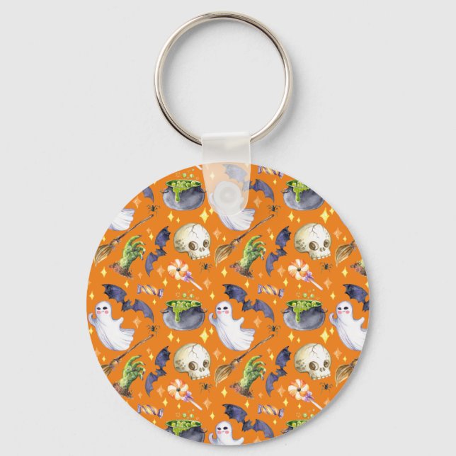 Halloween illustration with pumpkin,ghost and bat  key ring (Front)