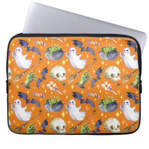 Halloween illustration with pumpkin,ghost and bat  laptop sleeve