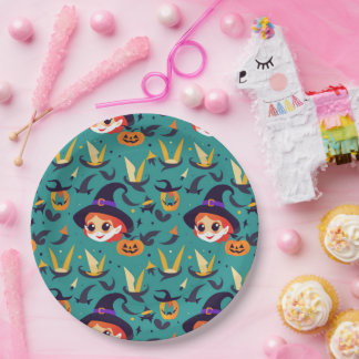 Halloween image with a happy witch’s face paper plate