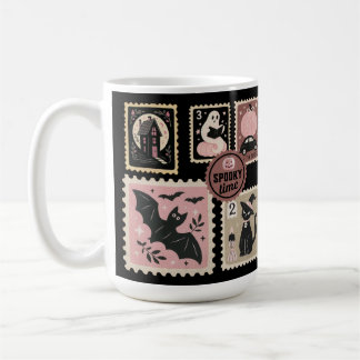 Halloween in Pink Postal Stamps Cat Pumpkin Bat  Coffee Mug