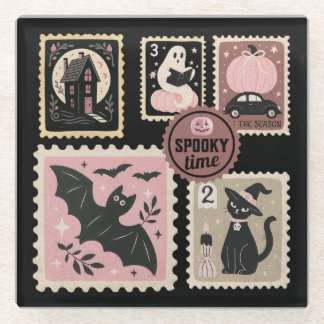 Halloween in Pink Postal Stamps Cat Pumpkin Bat  Glass Coaster
