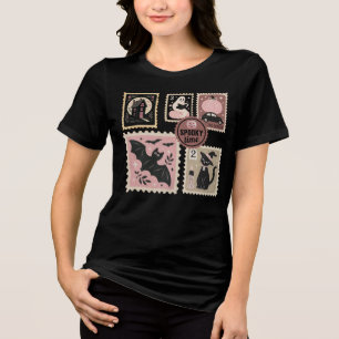 Halloween in Pink Postal Stamps Cat Pumpkin Bat Tri-Blend Shirt