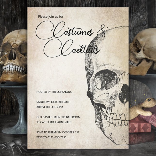 Halloween Invitation Antique Skull Party Invite (Antique Skull Halloween Invitation Template. Editable Costumes & Cocktails Halloween Party Invite)