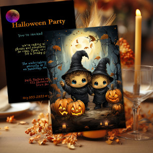Halloween Invitation Child Witches Happy Pumpkins