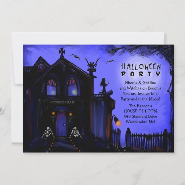 Halloween Invitation - Haunted House and Skeletons (Front)