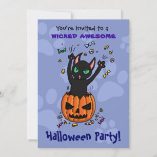 Halloween invite black cat jumping from pumpkin