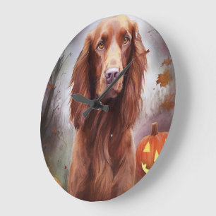 Halloween Irish Red Setter With Pumpkins Scary  Large Clock