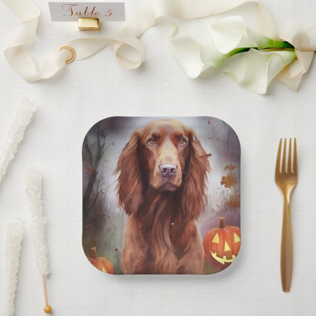 Halloween Irish Red Setter With Pumpkins Scary  Paper Plate (Wedding)