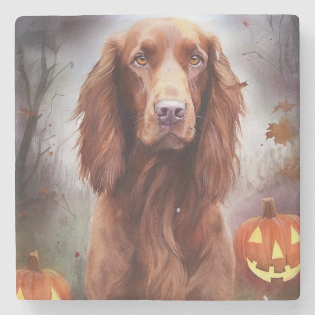 Halloween Irish Red Setter With Pumpkins Scary  Stone Coaster (Front)