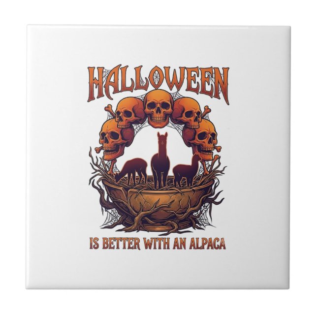 Halloween Is Better Alpaca Orange Skulls Spider We Ceramic Tile (Front)