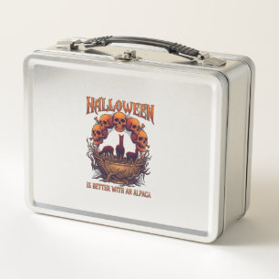 Halloween Is Better Alpaca Orange Skulls Spider We Metal Lunch Box