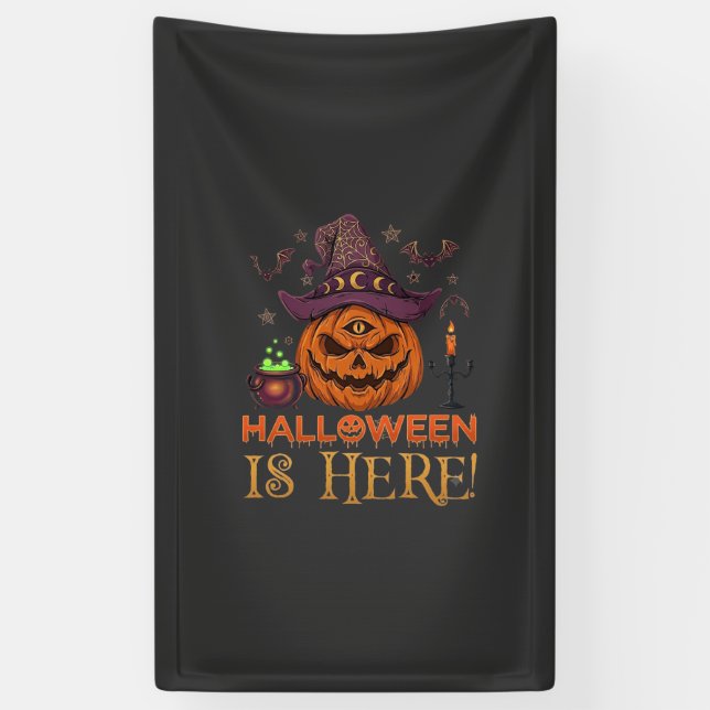 Halloween Is Here Pumpkin Witch Hat Magic Cauldron Banner (Vertical)