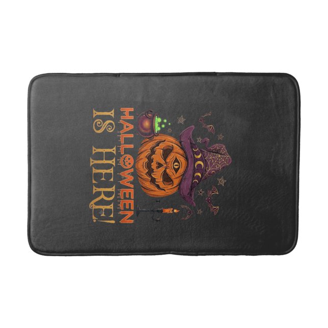 Halloween Is Here Pumpkin Witch Hat Magic Cauldron Bath Mat (Front)