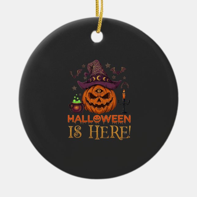 Halloween Is Here Pumpkin Witch Hat Magic Cauldron Ceramic Ornament (Front)