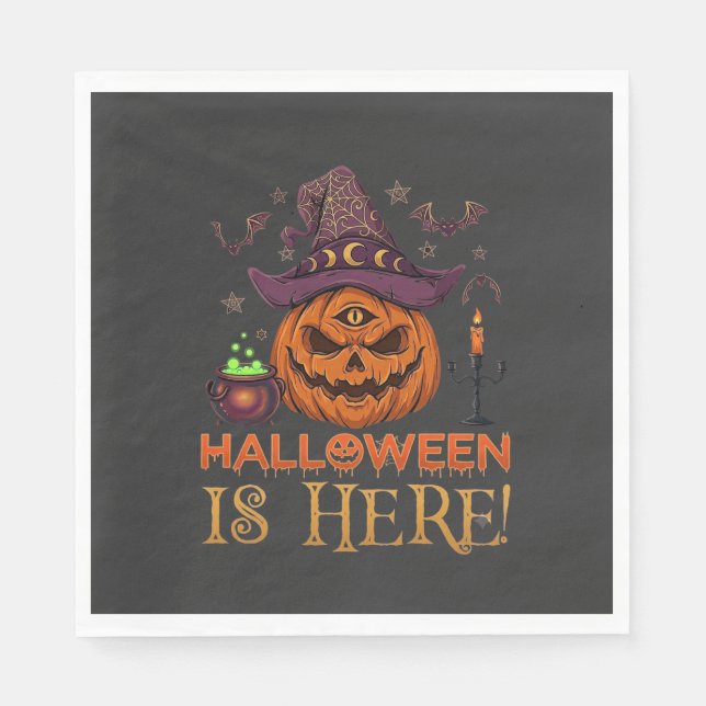 Halloween Is Here Pumpkin Witch Hat Magic Cauldron Napkin (Front)