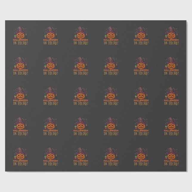 Halloween Is Here Pumpkin Witch Hat Magic Cauldron Wrapping Paper (Flat)