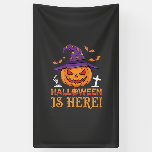 Halloween Is Here Witch Pumpkin Vector Banner (Vertical)