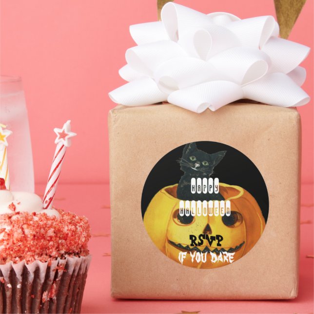 HALLOWEEN Jack O' Lantern and Black Cat Classic Round Sticker (Party)