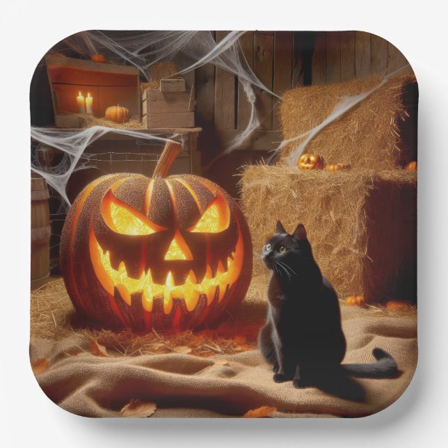 Halloween Jack-o-Lantern and Cat In Barn Paper Plate (Front)