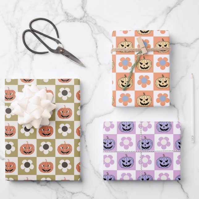 Halloween Jack-o-lantern and daisy chequerboard Wrapping Paper Sheet (Front)