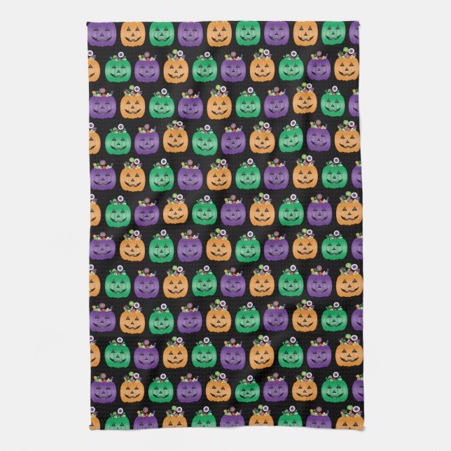 Halloween Jack O Lantern Candy Pail Tea Towel (Vertical)