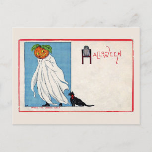 Halloween Jack O Lantern Ghost Black Cat Vintage Postcard