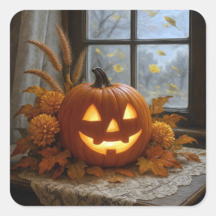 Halloween Jack-o-Lantern In Autumn Flowers Square Sticker