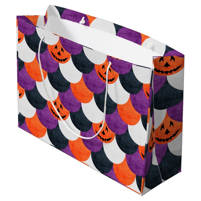 Halloween Jack-o’-Lantern Mermaid Scales Pattern Large Gift Bag (Back Angled)