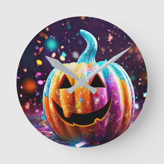 Halloween Jack O’Lantern Neon Pop Art Round Clock (Front)