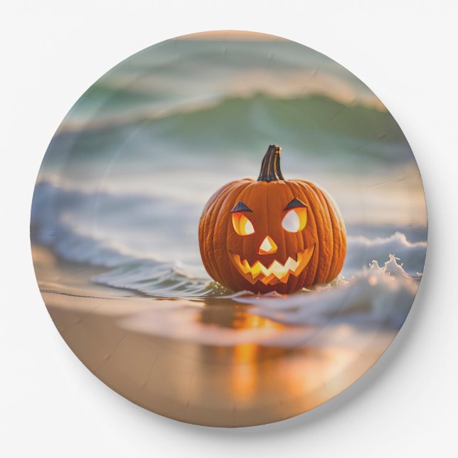 Halloween Jack-o-Lantern On The Beach Paper Plate (Front)
