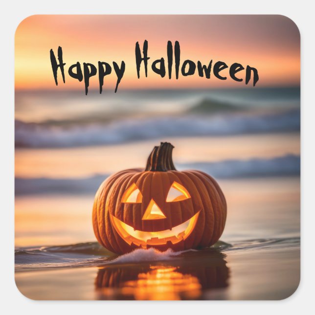 Halloween Jack-o-Lantern On The Beach Square Sticker (Front)