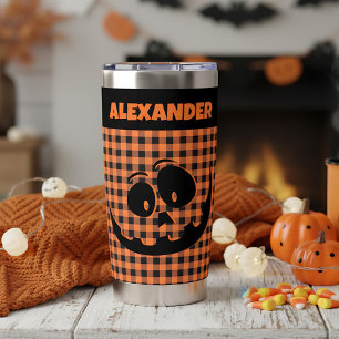 Halloween Jack-O-Lantern Orange & Black Plaid Name Insulated Tumbler