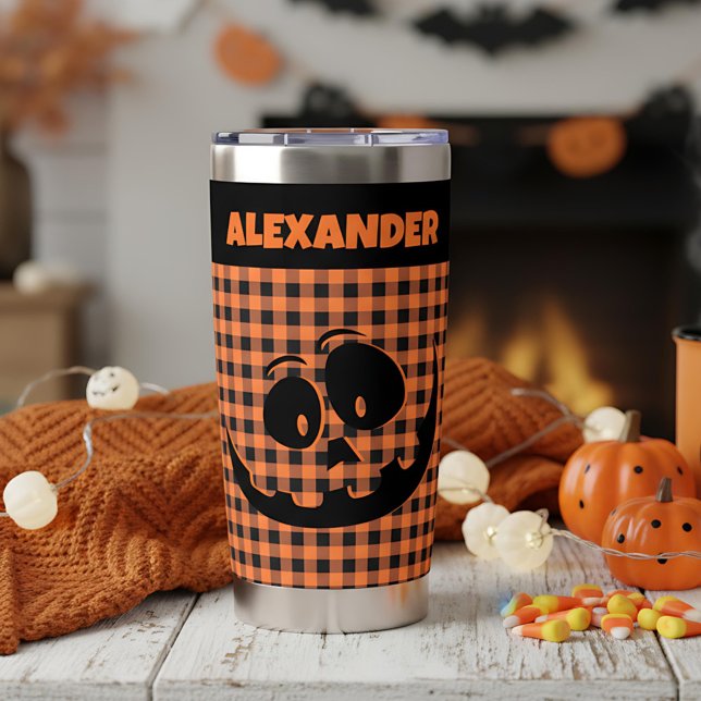 Halloween Jack-O-Lantern Orange & Black Plaid Name Insulated Tumbler (Creator Uploaded)