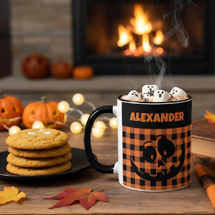 Halloween Jack-O-Lantern Orange & Black Plaid Name Mug