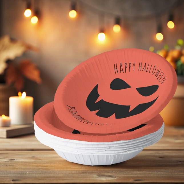 Halloween Jack O Lantern Orange Paper Bowls Paper Plate (Happy Halloween! Add your party details to these spooky pumpkin paper bowls!)