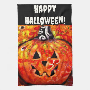 Halloween Jack O Lantern Orange Personalised Tea Towel