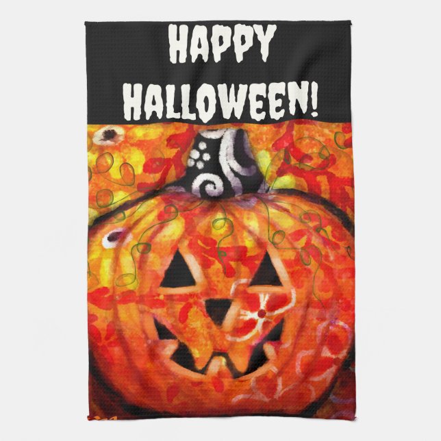 Halloween Jack O Lantern Orange Personalised Tea Towel (Vertical)
