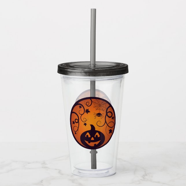 Halloween Jack o lantern pumpkin face and spider Acrylic Tumbler (Front)