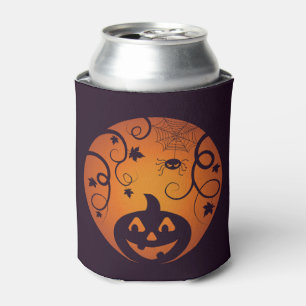 Halloween Jack o lantern pumpkin face and spider Can Cooler