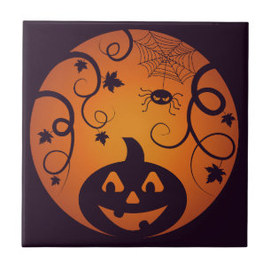 Halloween Jack o lantern pumpkin face and spider Ceramic Tile