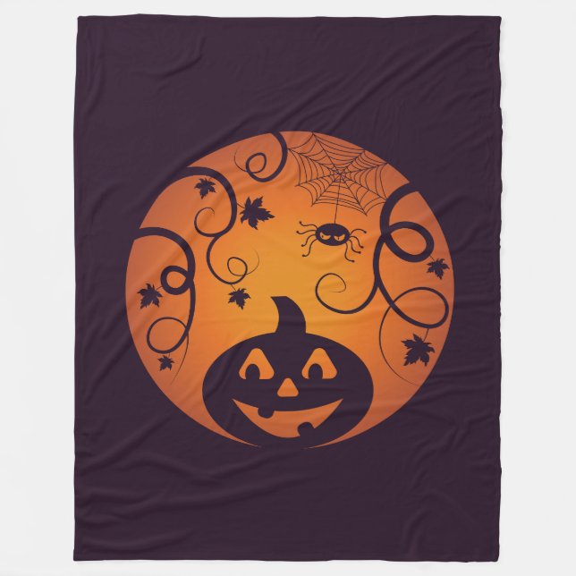 Halloween Jack o lantern pumpkin face and spider Fleece Blanket (Front)
