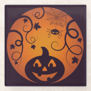 Halloween Jack o lantern pumpkin face and spider Glass Coaster
