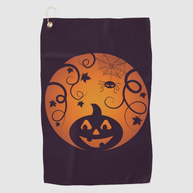 Halloween Jack o lantern pumpkin face and spider Golf Towel (Front)