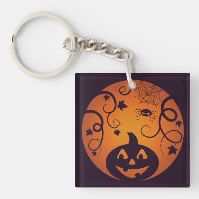 Halloween Jack o lantern pumpkin face and spider Key Ring (Front)
